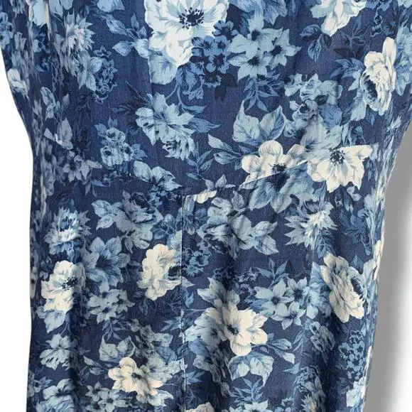 Vintage 90s Blue Floral Midi Dress Sleeveless Rayon A Line Medium Romantic - Picture 6 of 14